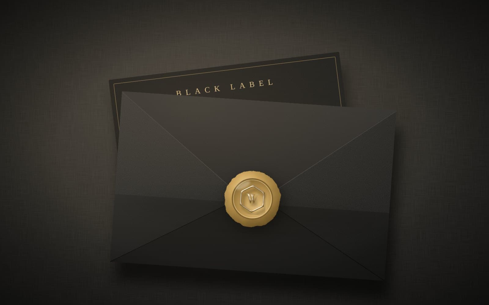 A black envelope sealed with gold wax, holding a Black Label invitation